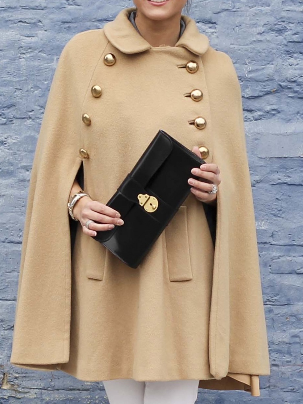 VINTAGE Camel Double-Breasted Wool Cape Coat with Pockets OS